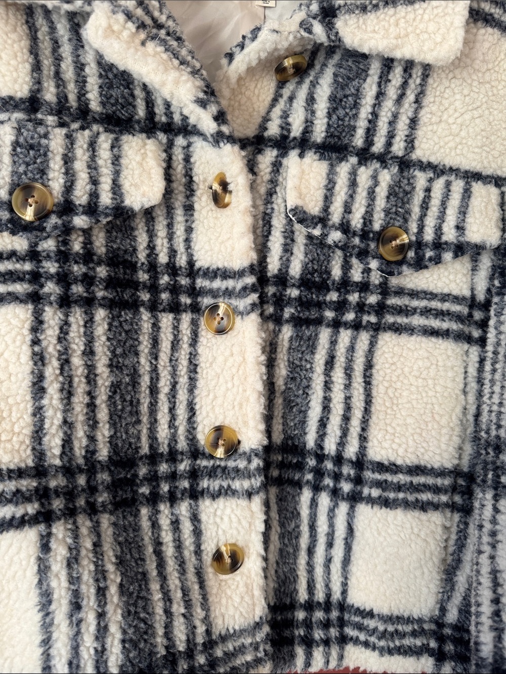 Pilcro Anthropologie Off White & Navy Blue Plaid Cropped Sherpa Jacket XS - Picture 7 of 13